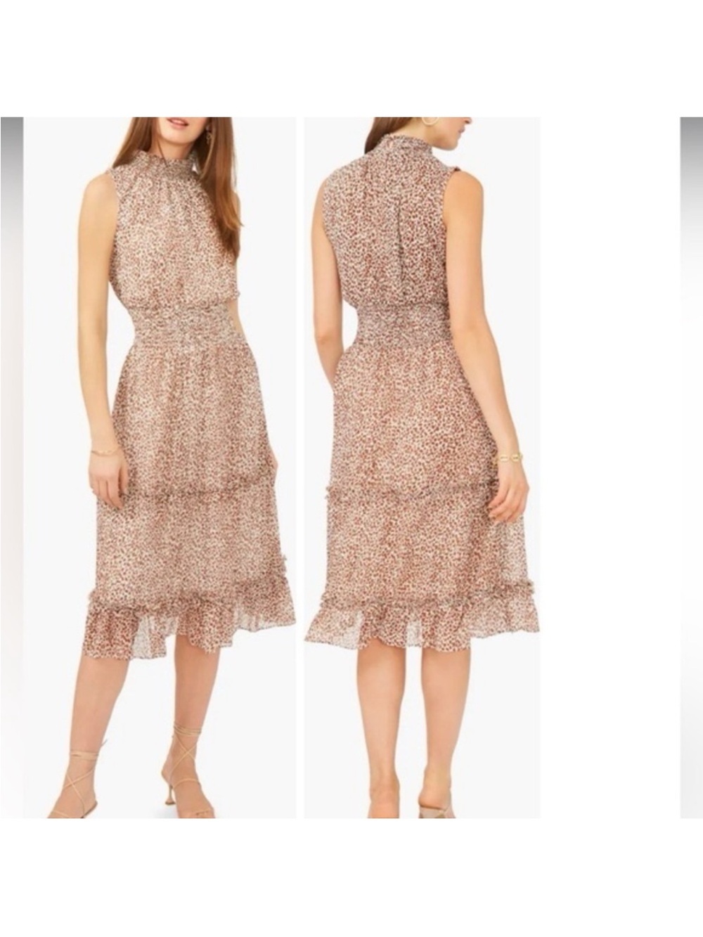 1. State Sleeveless Smocked Waist Midi Dress in Light Brown Leopard Print